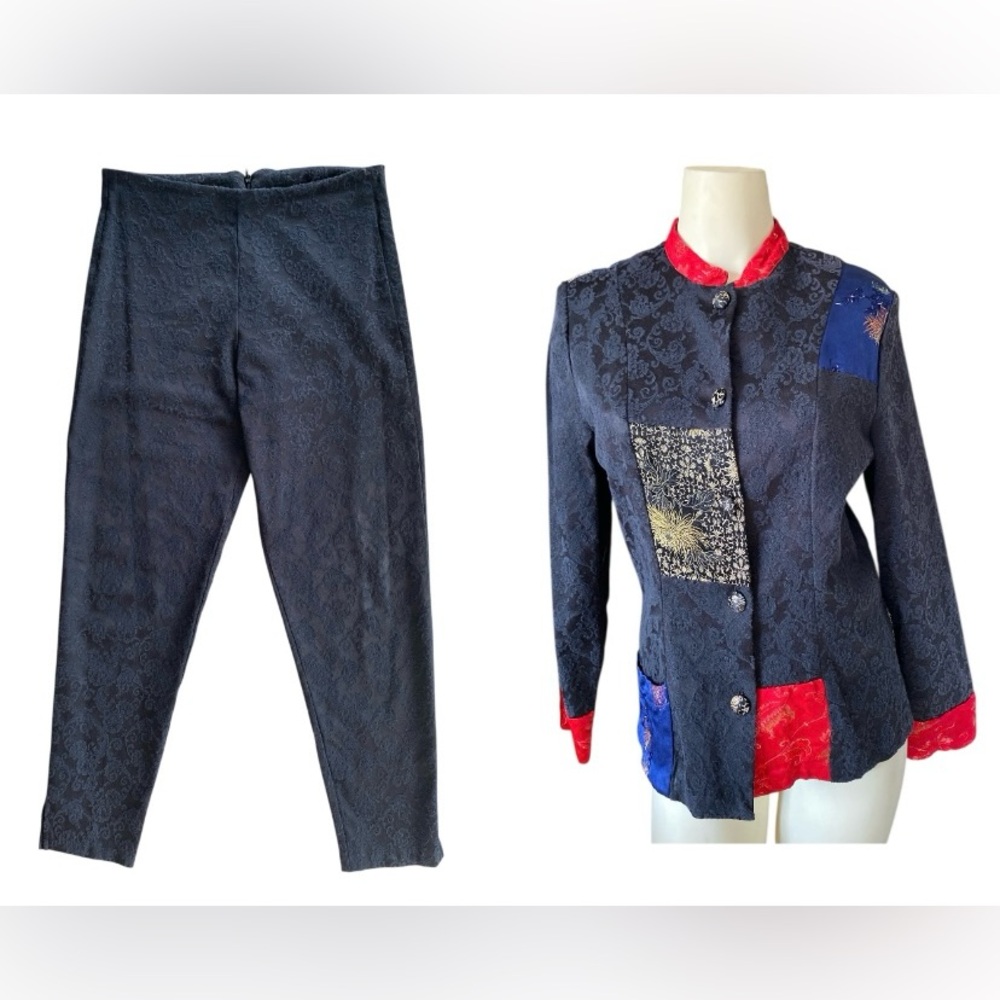 Vintage ZOE 2 Piece Jacquard Asian print patchwork jacket and pants women’s